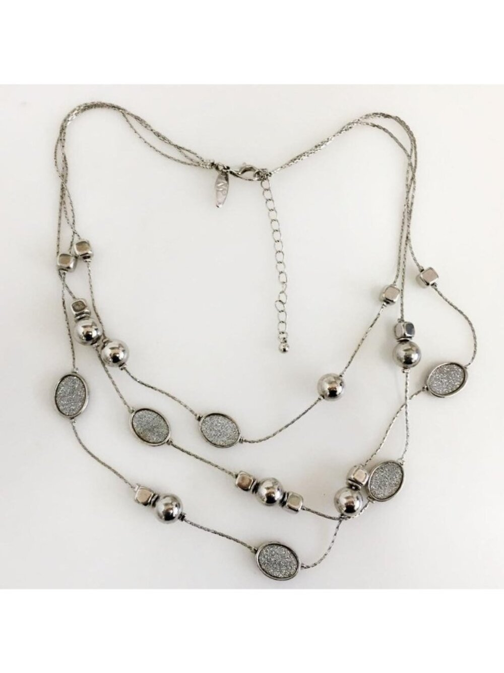 Silver-Tone Multi-Strand Necklace With Oval Glittered Accents & Beads